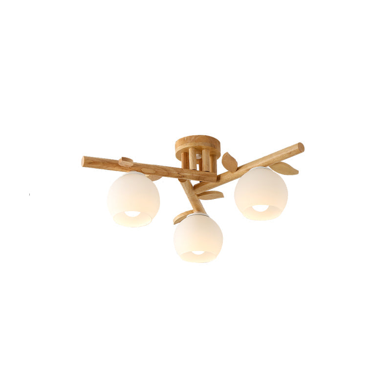 Modern Wood Branch Semi Flush Lighting - Beige Lamp with Milk White Glass Shade (3/5-Head)