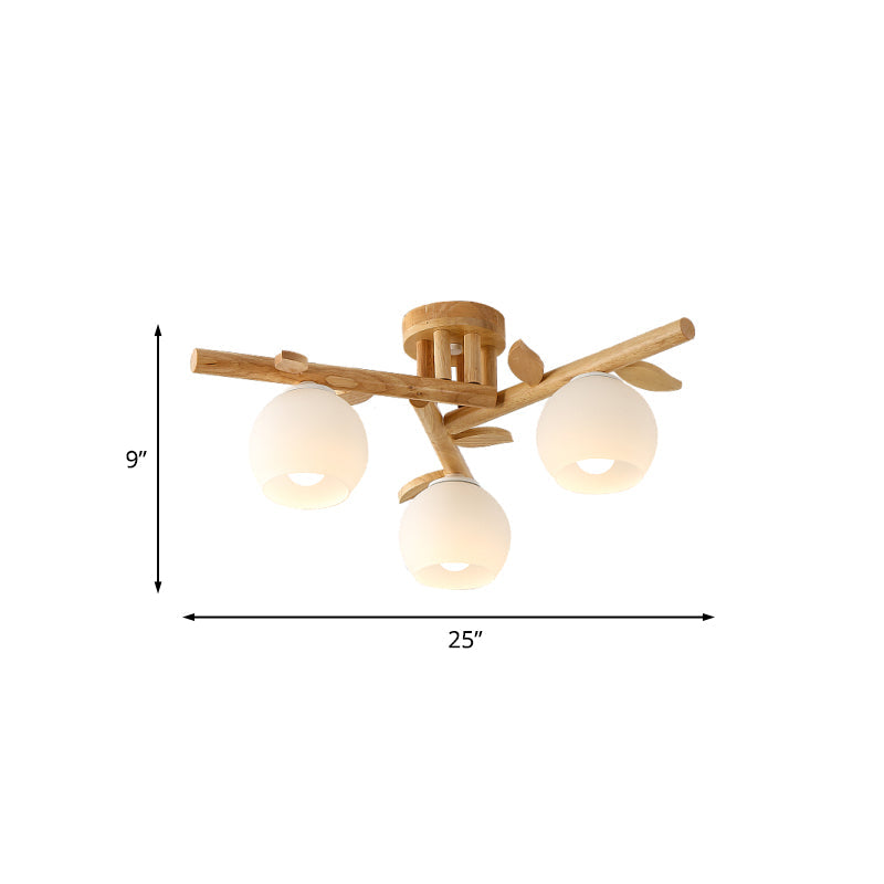 Modern Wood Branch Semi Flush Lighting - Beige Lamp with Milk White Glass Shade (3/5-Head)