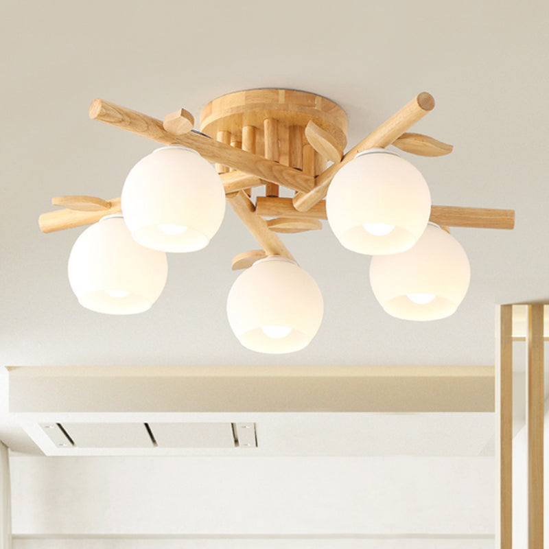 Modern Wood Branch Semi Flush Lighting - Beige Lamp with Milk White Glass Shade (3/5-Head)