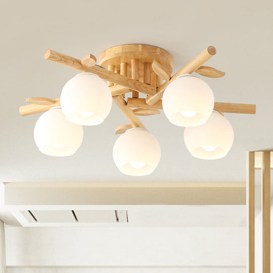 Modern Wood Branch Semi Flush Lighting - Beige Lamp with Milk White Glass Shade (3/5-Head)