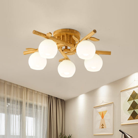 Modern Wood Branch Semi Flush Lighting - Beige Lamp with Milk White Glass Shade (3/5-Head)