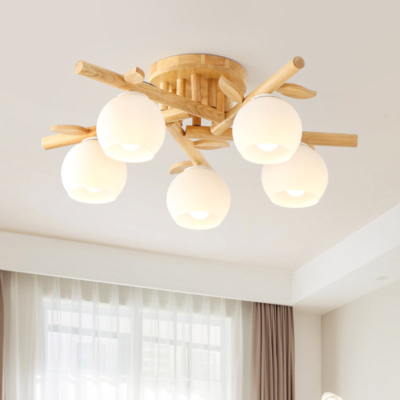 Modern Wood Branch Semi Flush Lighting - Beige Lamp with Milk White Glass Shade (3/5-Head)