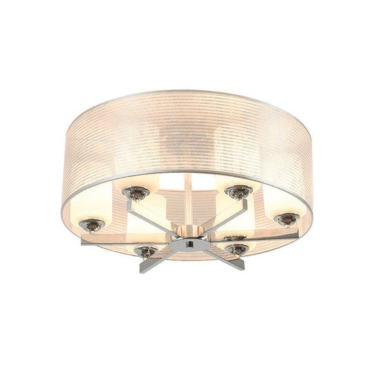Minimalist White Glass Semi Flush Mount Drum Lighting with Chrome Finish - 6 Lights, Tube Shade