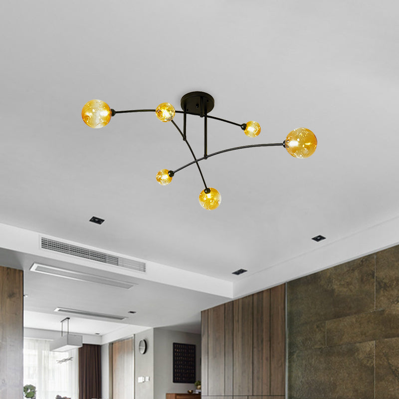 Minimalistic Amber Glass Modo Semi-Flush Ceiling Lamp With 6 Black Arced Heads