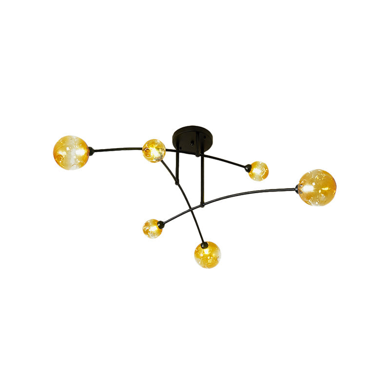 Minimalistic Amber Glass Modo Semi-Flush Ceiling Lamp with 6 Black Arced Heads