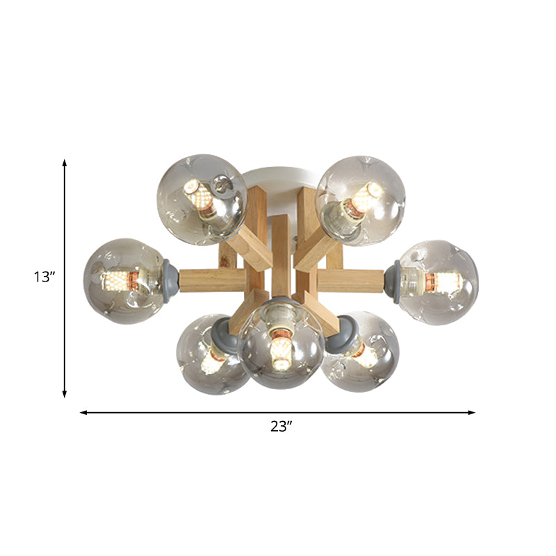 Smoke Gray Glass Modernism Globe Semi Flush Light Fixture With Wood Arm - Ceiling Mounted Lamp (5/7
