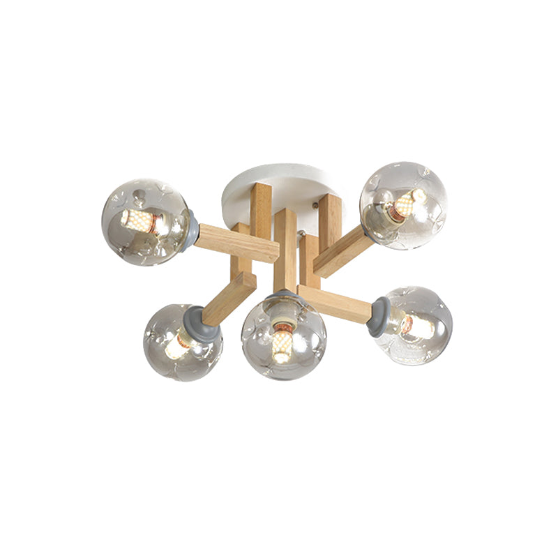 Plafonnier semi-encastré moderne en verre gris fumé avec bras en bois, 5/7 ampoules - Idéal pour les chambres
