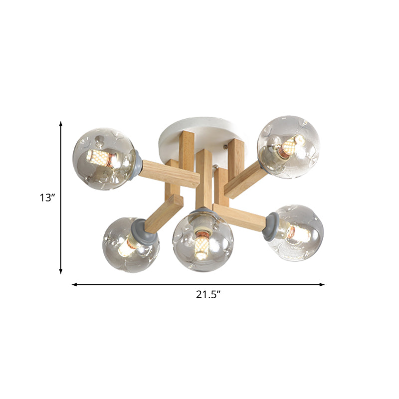Plafonnier semi-encastré moderne en verre gris fumé avec bras en bois, 5/7 ampoules - Idéal pour les chambres