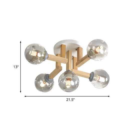 Plafonnier semi-encastré moderne en verre gris fumé avec bras en bois, 5/7 ampoules - Idéal pour les chambres