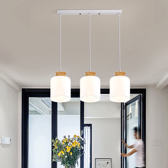 Modern White Glass Cylinder Chandelier With Wood Suspension Lamp - 3 Heads Round/Linear Canopy