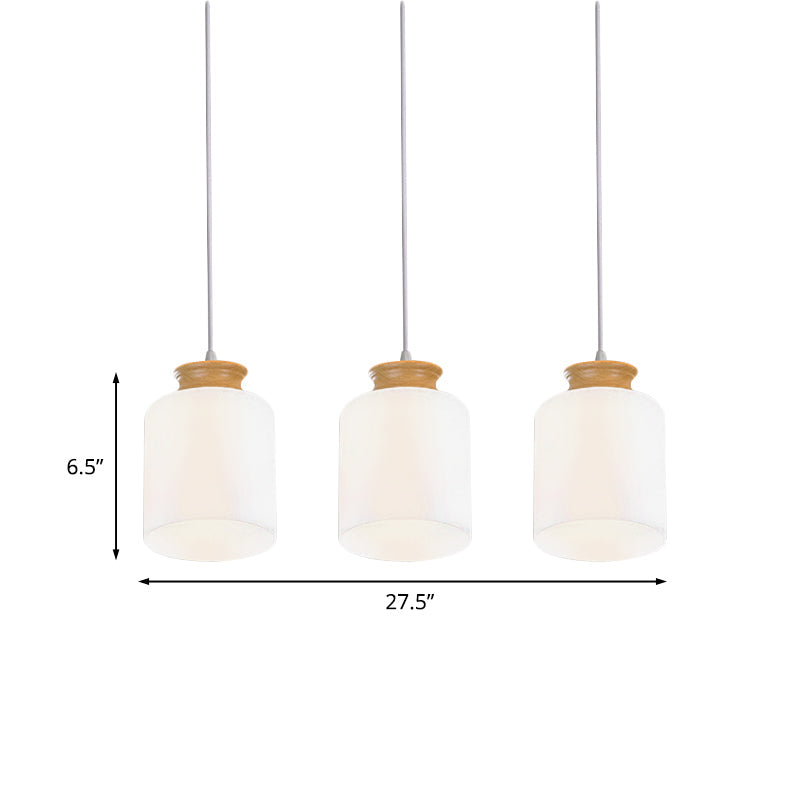 Modern White Glass Cylinder Chandelier with 3 Heads - Wood Suspension Lamp