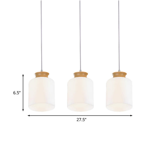 Modern White Glass Cylinder Chandelier With Wood Suspension Lamp - 3 Heads Round/Linear Canopy