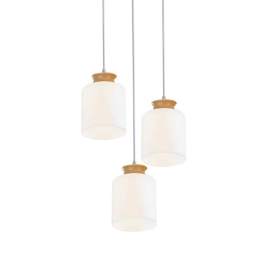 Modern White Glass Cylinder Chandelier With Wood Suspension Lamp - 3 Heads Round/Linear Canopy