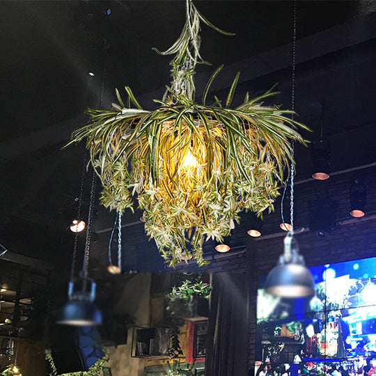 Green Metal Pendant Light With Artificial Plant Décor - Loft Round Ceiling Lamp Kit