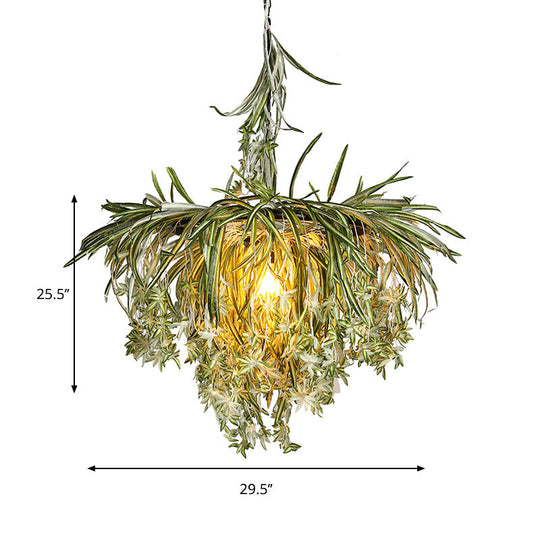 Green Metal Pendant Light With Artificial Plant Décor - Loft Round Ceiling Lamp Kit