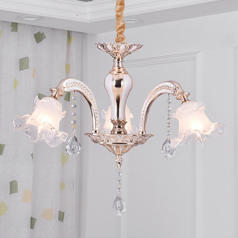 Floral Ceiling Chandelier - Traditional Gold Crystal Pendant Lamp (3/6 Heads) For Bedroom