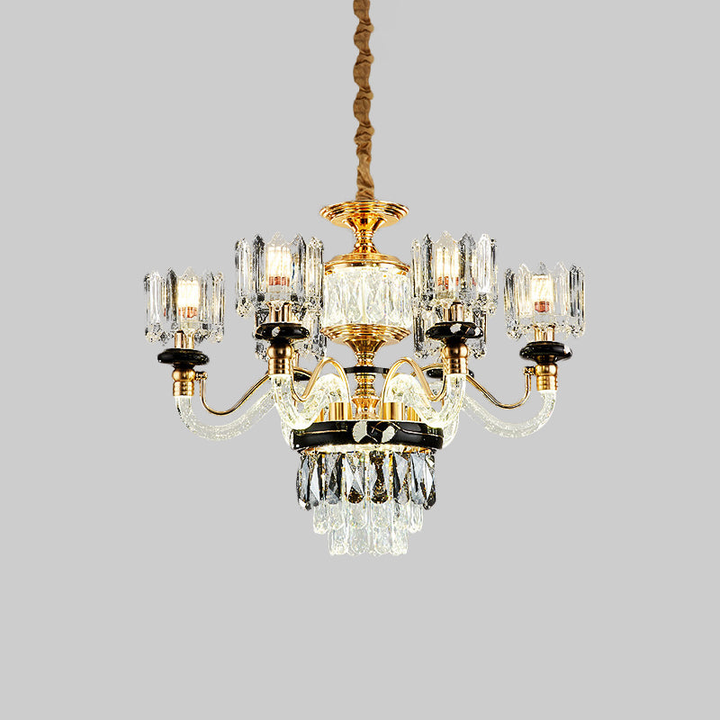 Traditional Crystal Rectangle Pendant Chandelier - Gold Circle Design With 6/8 Bulbs Ideal For