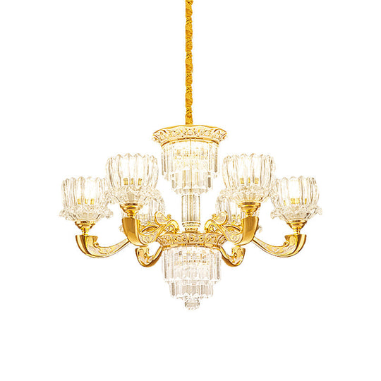 Contemporary Crystal Rectangle Chandelier - Gold Lotus Suspension Light With 6/8 Bulbs For Living