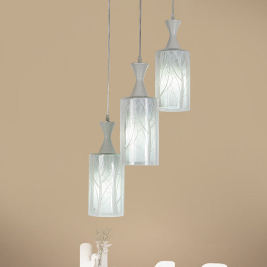 Contemporary White Pendant Lamp with Patterned Glass Shade - 3-Head Multifunctional Ceiling Light for Dining Room