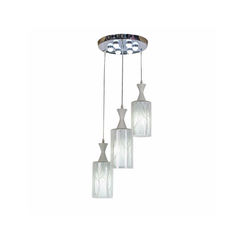 Contemporary White Pendant Lamp with Patterned Glass Shade - 3-Head Multifunctional Ceiling Light for Dining Room