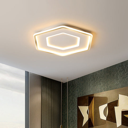 Modernist Hexagon Flush Pendant Ceiling Light in White/Gold, Acrylic LED, 16.5"/20.5" Wide