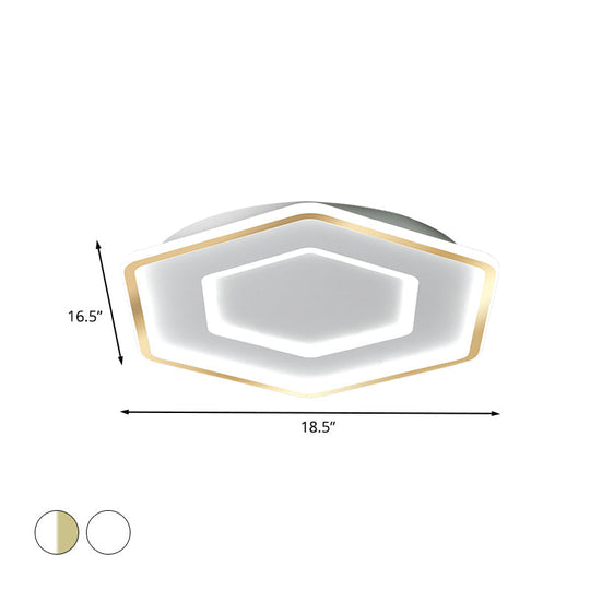 Modernist Hexagon Flush Pendant Ceiling Light In White/Gold Acrylic Led 16.5/20.5 Wide