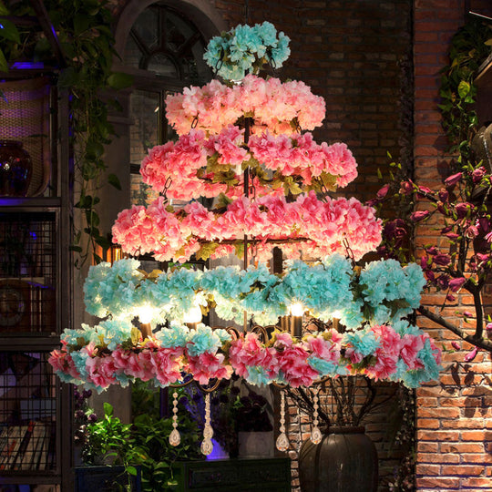 Zoe - Pink Pink and Blue 6 Bulbs Chandelier Loft Iron Multi Circle Cage Flower Suspension Lighting with Crystal Accent