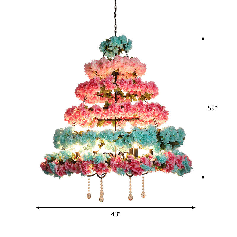 Zoe - Pink Pink and Blue 6 Bulbs Chandelier Loft Iron Multi Circle Cage Flower Suspension Lighting with Crystal Accent
