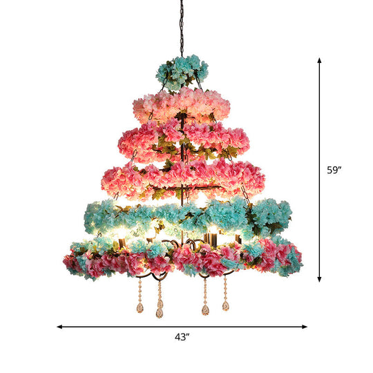 Zoe - Pink Pink and Blue 6 Bulbs Chandelier Loft Iron Multi Circle Cage Flower Suspension Lighting with Crystal Accent