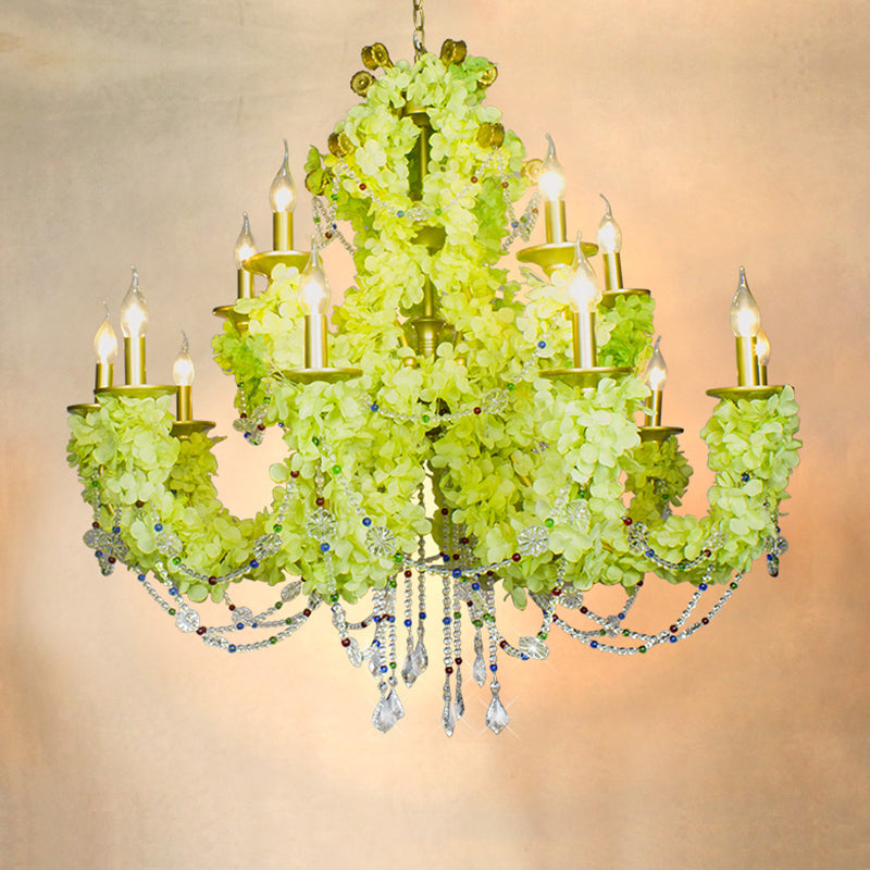 Diana - Vintage 12 Bulbs Candle Pendant Chandelier Vintage Gold Metal Plant Suspension Light with Crystal Decor
