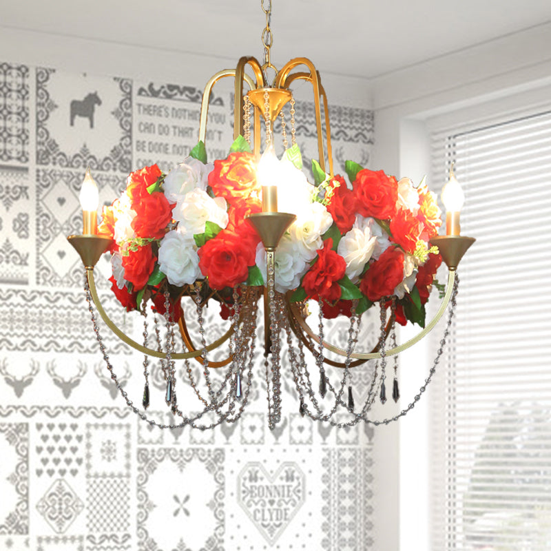 Rose - Antique 5 Heads Iron Chandelier Lighting Antique Gold Candlestick Restaurant Flower Ceiling Lamp with Crystal Strand