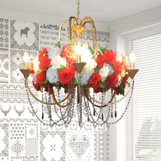 Rose - Antique 5 Heads Iron Chandelier Lighting Antique Gold Candlestick Restaurant Flower Ceiling Lamp with Crystal Strand