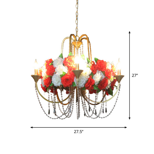 Rose - Antique 5 Heads Iron Chandelier Lighting Antique Gold Candlestick Restaurant Flower Ceiling Lamp with Crystal Strand
