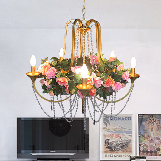 Rose - Antique 5 Heads Iron Chandelier Lighting Antique Gold Candlestick Restaurant Flower Ceiling Lamp with Crystal Strand