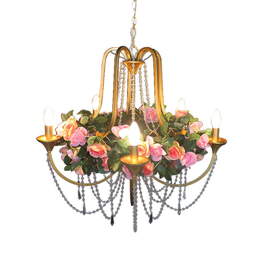 Rose - Antique 5 Heads Iron Chandelier Lighting Antique Gold Candlestick Restaurant Flower Ceiling Lamp with Crystal Strand