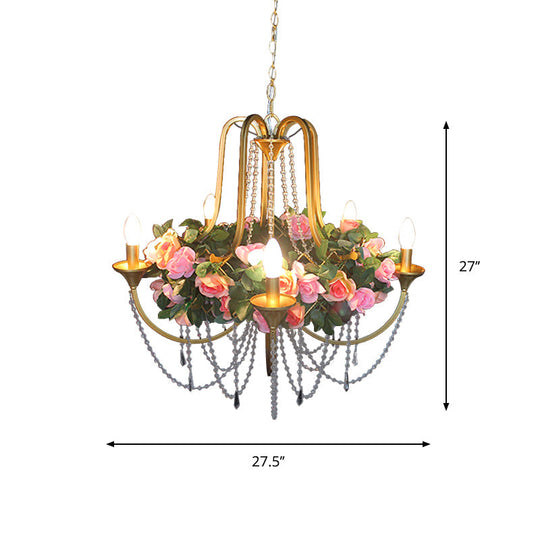 Rose - Antique 5 Heads Iron Chandelier Lighting Antique Gold Candlestick Restaurant Flower Ceiling Lamp with Crystal Strand
