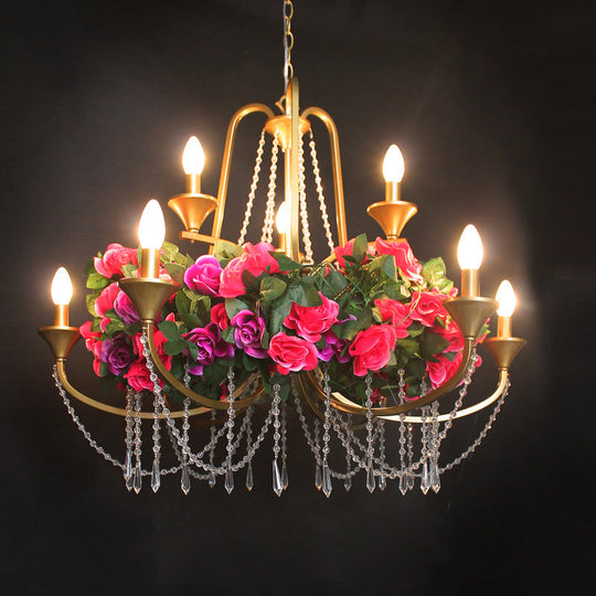 Katherine - Antique 9 Lights Pendant Chandelier Antique Candelabra Iron Flower Ceiling Hang Fixture with Clear Crystal in Gold