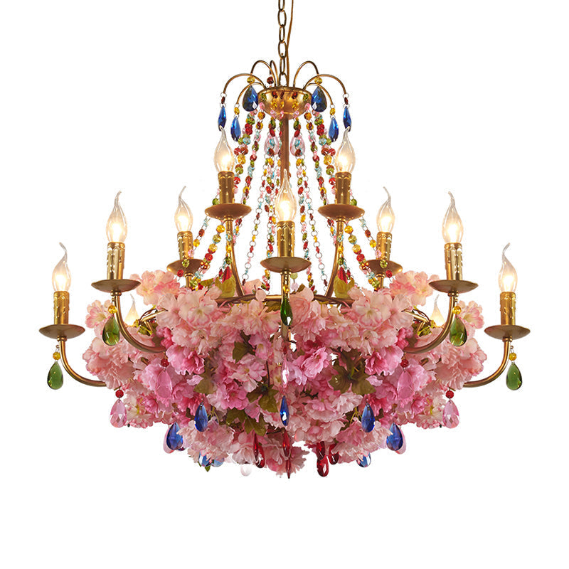 Leah - Antique Candlestick Restaurant Hanging Chandelier Antique Iron 6/12 Lights Gold Flower Pendant with Colorful Crystal