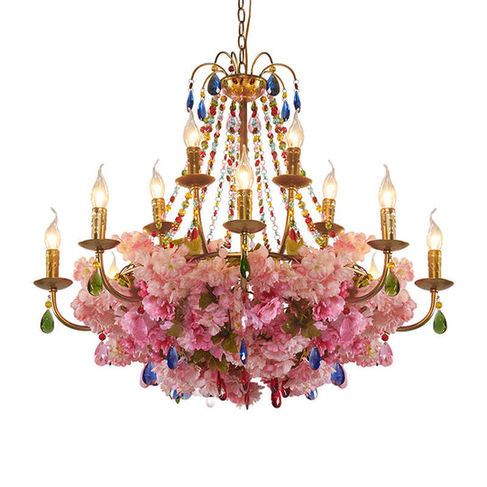 Leah - Antique Candlestick Restaurant Hanging Chandelier Antique Iron 6/12 Lights Gold Flower Pendant with Colorful Crystal