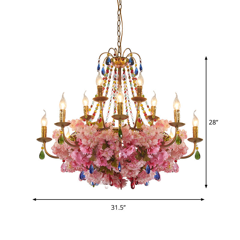 Leah - Antique Candlestick Restaurant Hanging Chandelier Antique Iron 6/12 Lights Gold Flower Pendant with Colorful Crystal