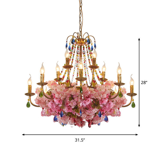 Leah - Antique Candlestick Restaurant Hanging Chandelier Antique Iron 6/12 Lights Gold Flower Pendant with Colorful Crystal