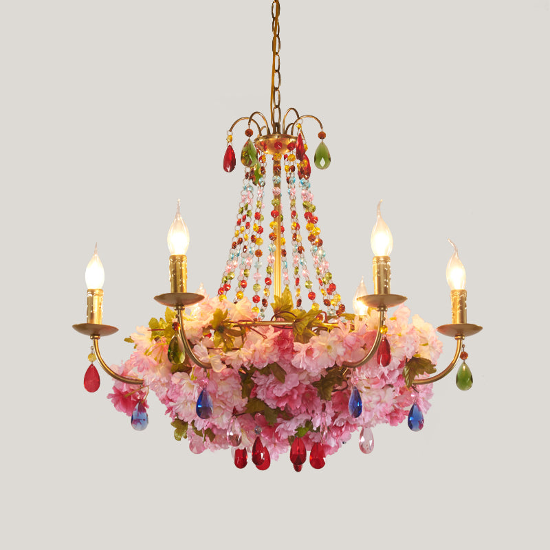 Leah - Antique Candlestick Restaurant Hanging Chandelier Antique Iron 6/12 Lights Gold Flower Pendant with Colorful Crystal