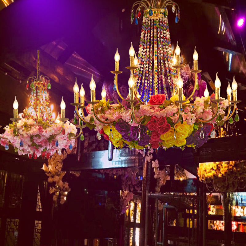 Aurora - Retro Iron Chandelier with Crystal Decor - Gold Candle Hanging Pendant