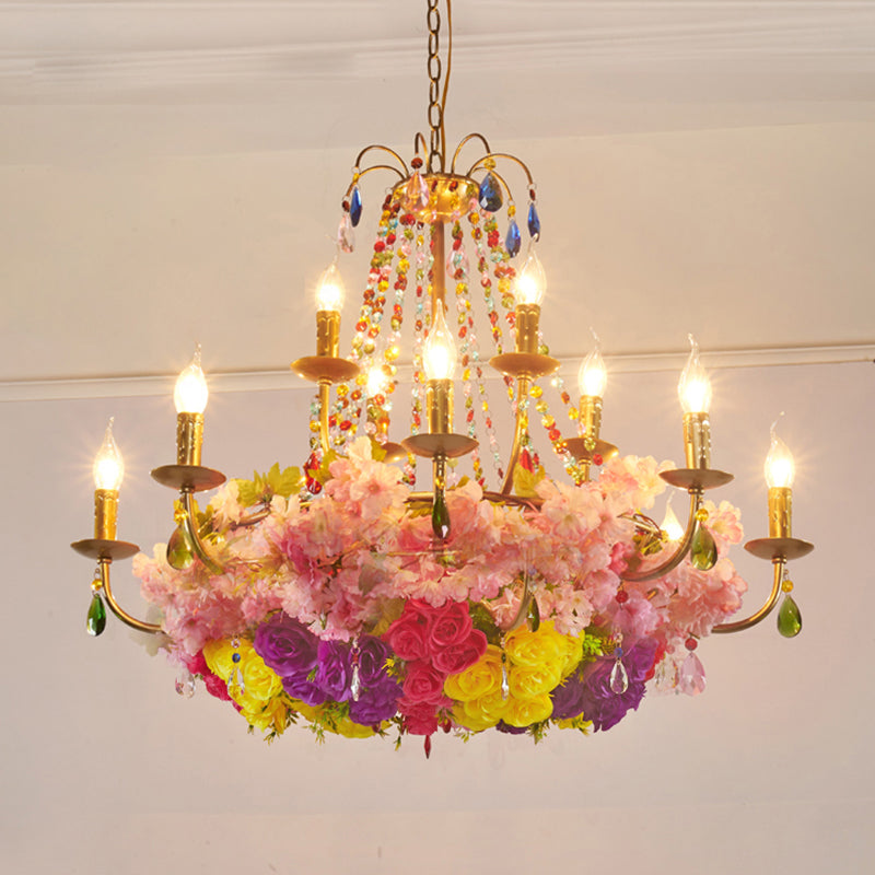 Aurora - Retro Iron Chandelier with Crystal Decor - Gold Candle Hanging Pendant