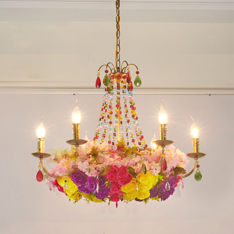 Aurora - Retro Iron Chandelier with Crystal Decor - Gold Candle Hanging Pendant