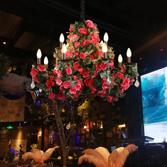 Mia - Red 12-Bulb Hanging Chandelier Retro Candle Iron Flower Ceiling Pendant in Red with Clear Crystal Accent