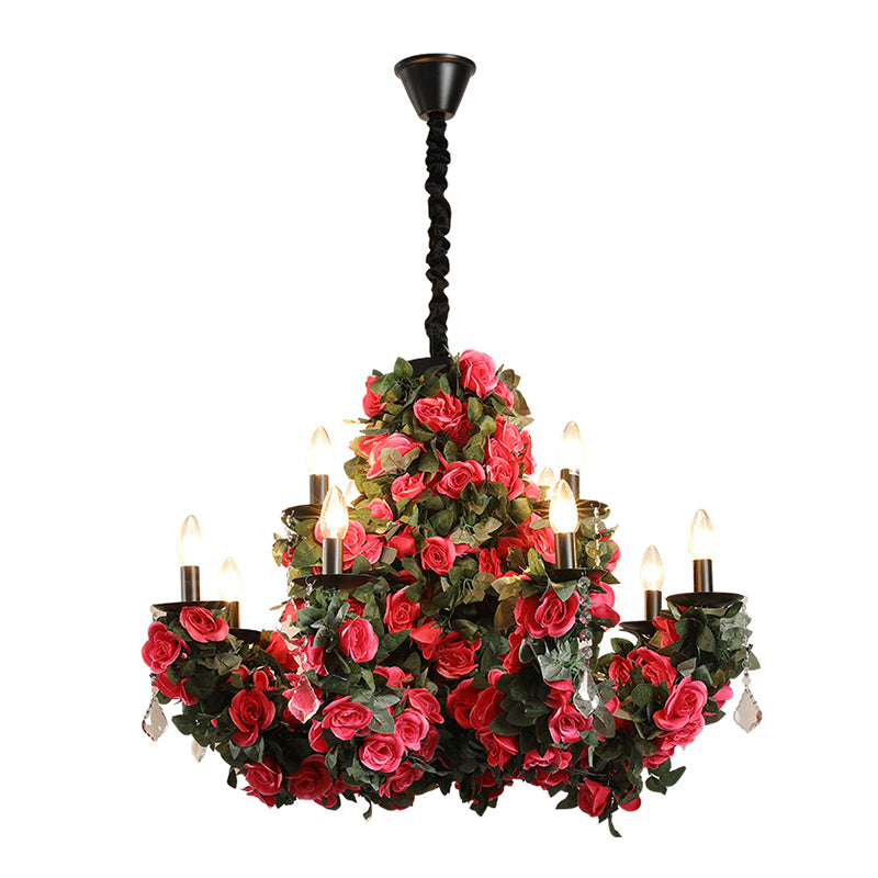 Mia - Red 12-Bulb Hanging Chandelier Retro Candle Iron Flower Ceiling Pendant in Red with Clear Crystal Accent