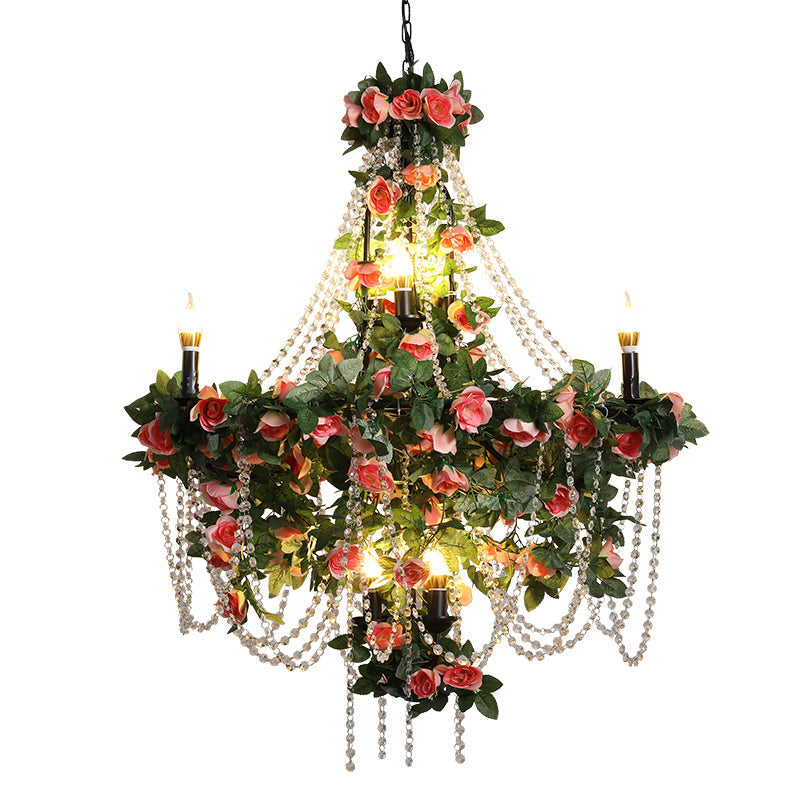 Quinn - Black Iron Candlestick Chandelier Light with Crystal Bead - Industrial