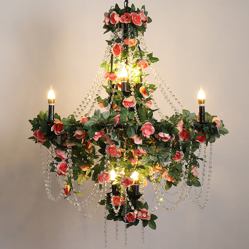 Quinn - Black Iron Candlestick Chandelier Light with Crystal Bead - Industrial