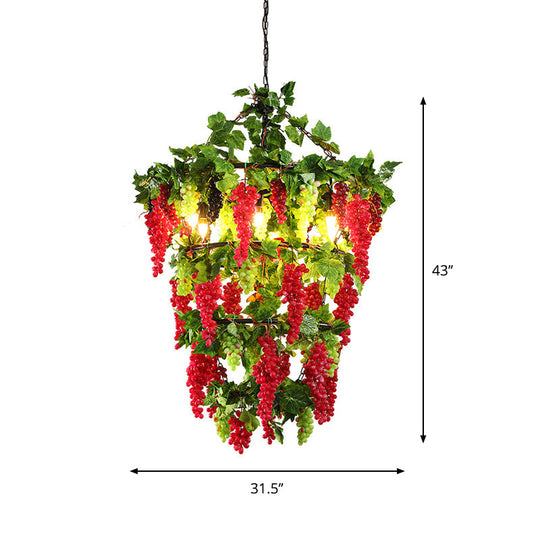 Prudence - Red Tiered Round Iron Pendant Chandelier Industrial 6 Heads Restaurant Down Lighting in Red with Artificial Grape